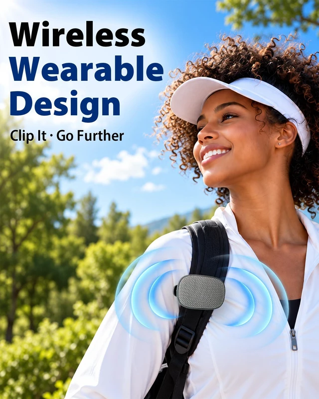 Alt view image 3 of 7 - Wearable Bluetooth Speaker with Clip, Mini, SOS Alert, Grey Portable IPX5 Water-Resistant Audio with Mic for Hands-Free Calls and TWS Stereo for Jobsite, Running, Hiking and