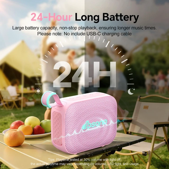 Alt view image 4 of 7 - Portable Bluetooth Speaker Line-in Support: IPX5 Waterproof, Pink | Up to 24H Playtime, HD Sound, TWS Pairing, LED Light, Outdoor Speaker for Beach, Pool, Travel, School Supplies for Adult Teen
