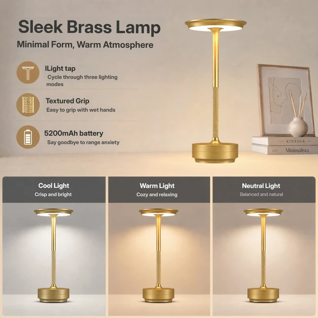 Alt view image 2 of 7 - Rechargeable Cordless Table Lamp, 5200mAh 3 Color Restaurant Patio, Gold | Touch control, stepless brightness; matte black metal, portable; warm neutral cool light for bar cafe hotel camping