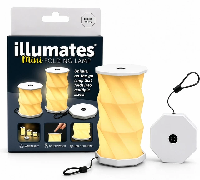 Main image of Origami Expanding Foldable LED Desk Lamp USB Rechargeable & Portable - Dimmable Touch Control Light with Adjustable Height up to 5 1/2 for Office, Travel, Bedside - Sleek & Modern Design (White)
