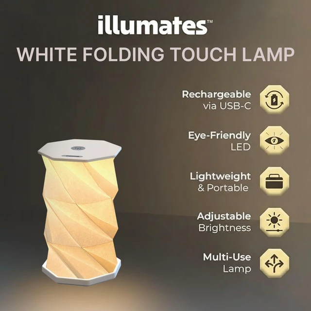 Alt view image 2 of 7 - Origami Expanding Foldable LED Desk Lamp USB Rechargeable & Portable - Dimmable Touch Control Light with Adjustable Height up to 5 1/2 for Office, Travel, Bedside - Sleek & Modern Design (White)