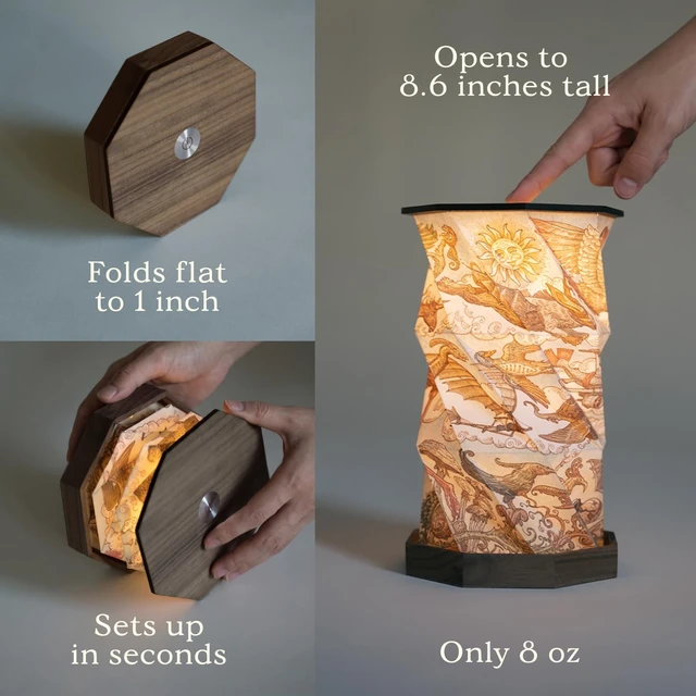 Alt view image 3 of 7 - Portable Foldable Desk Lamp - Battery Operated Travel Lamp | Dimmable Touch Control & Adjustable Height - Hand-Drawn Illustrations - Warm Ambient Light