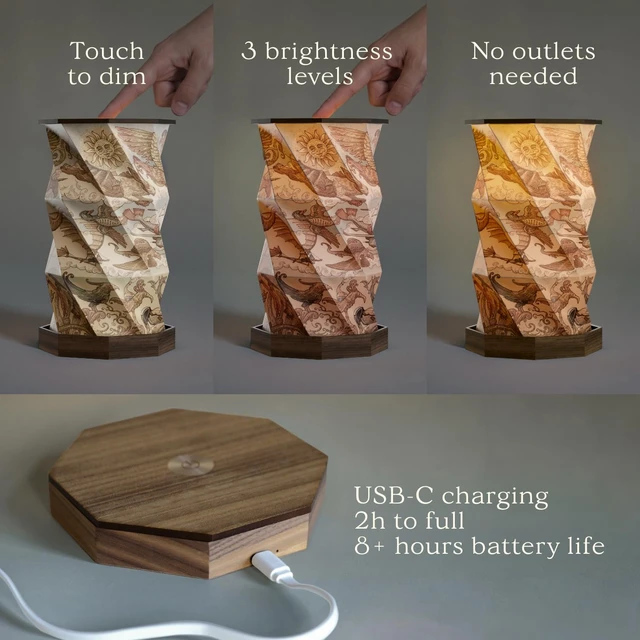Alt view image 6 of 7 - Portable Foldable Desk Lamp - Battery Operated Travel Lamp | Dimmable Touch Control & Adjustable Height - Hand-Drawn Illustrations - Warm Ambient Light