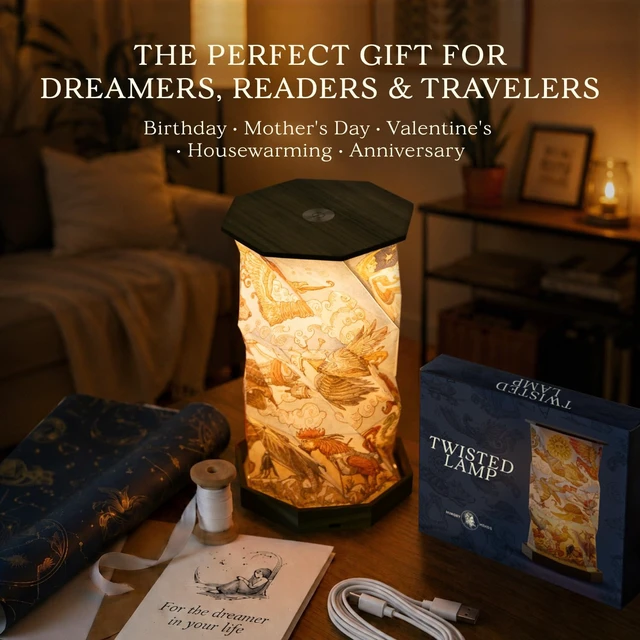 Alt view image 7 of 7 - Portable Foldable Desk Lamp - Battery Operated Travel Lamp | Dimmable Touch Control & Adjustable Height - Hand-Drawn Illustrations - Warm Ambient Light
