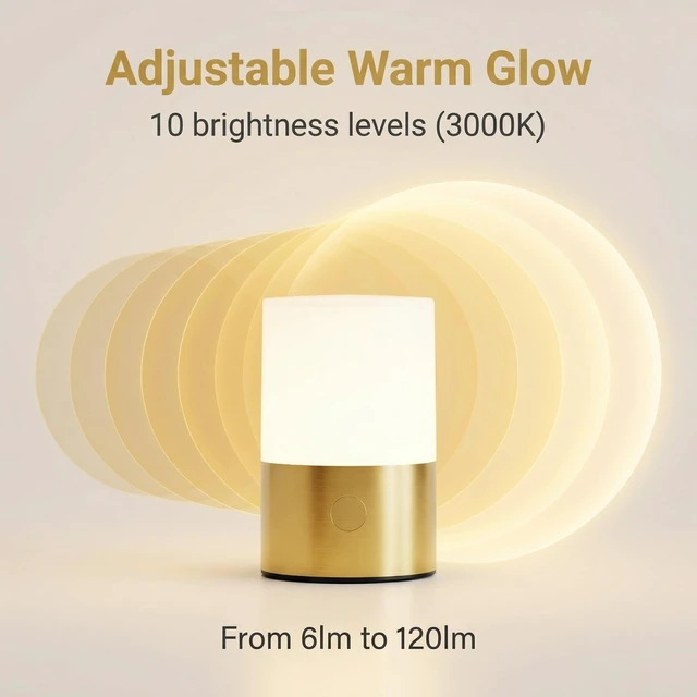 Alt view image 3 of 7 - Small Table Lamp - Rechargeable, Portable, 10 Brightness Levels, Auto-Off Timer, Waterproof, Up to 20-Hours,Warm Light for Bedside, Reading, Dining,Travel, Camping & Décor-Brass