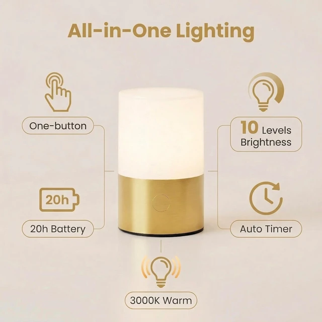 Alt view image 2 of 7 - Small Table Lamp - Rechargeable, Portable, 10 Brightness Levels, Auto-Off Timer, Waterproof, Up to 20-Hours,Warm Light for Bedside, Reading, Dining,Travel, Camping & Décor-Brass