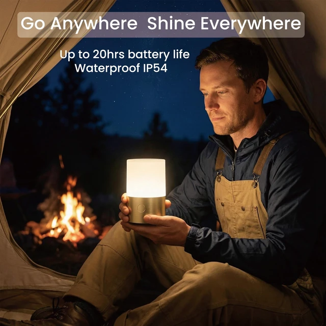 Alt view image 5 of 7 - Small Table Lamp - Rechargeable, Portable, 10 Brightness Levels, Auto-Off Timer, Waterproof, Up to 20-Hours,Warm Light for Bedside, Reading, Dining,Travel, Camping & Décor-Brass