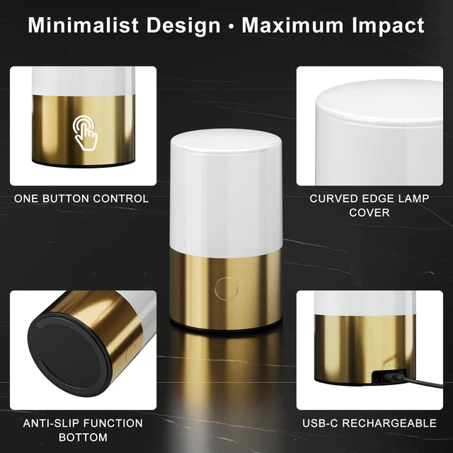 Alt view image 4 of 7 - Small Table Lamp - Rechargeable, Portable, 10 Brightness Levels, Auto-Off Timer, Waterproof, Up to 20-Hours,Warm Light for Bedside, Reading, Dining,Travel, Camping & Décor-Brass