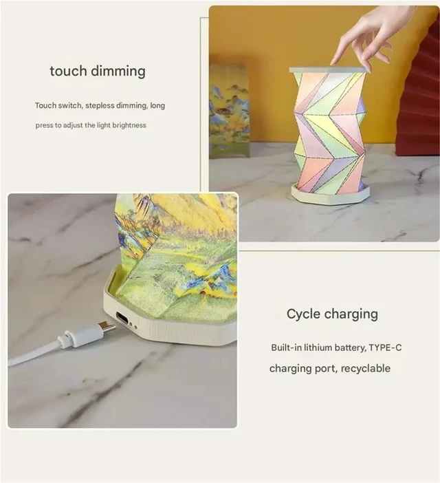 Alt view image 5 of 7 - Portable Lamp, Foldable Japanese Paper Lamp with Touch Dimmer, Warm Light Rechargeable Battery Operated Mini Desk Lamp, Unique Travel Gifts for Women Men (Starry Night)