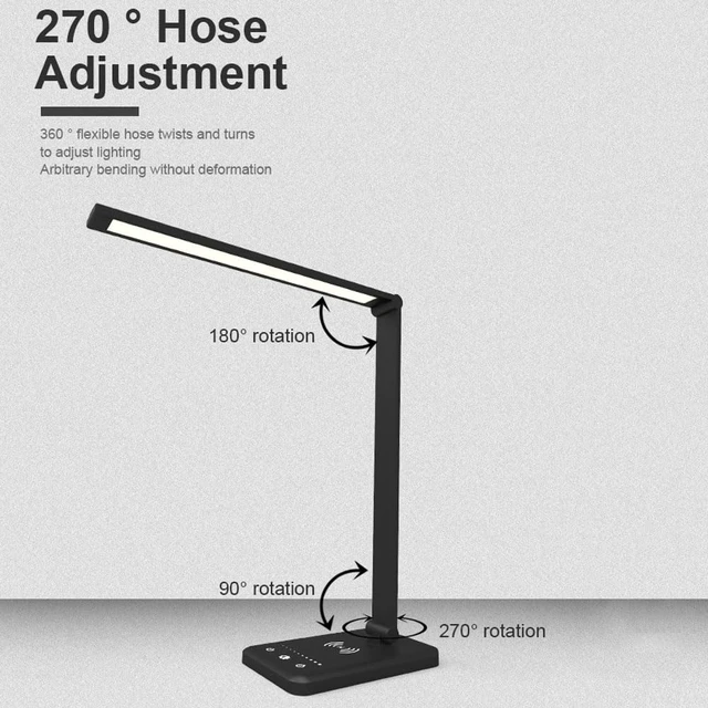 Alt view image 6 of 7 - Modern Black Folding LED Desk Lamp With 5-Level Dimming And 3-Color Modes, 5W Wireless Charging Reading Lamp With Flexible Rotation, Touch Control, USB Powered, Ideal For Study And Home Office