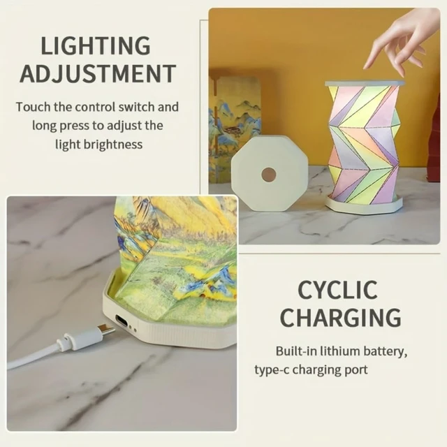 Alt view image 6 of 7 - Rechargeable Foldable Origami Lantern for Travel,Waterproof Desk Paper Lantern Lamp Touch Dimmable Warm,Portable Mini Night Light Rice Paper Design for Hotel Desk Room Accent (White)