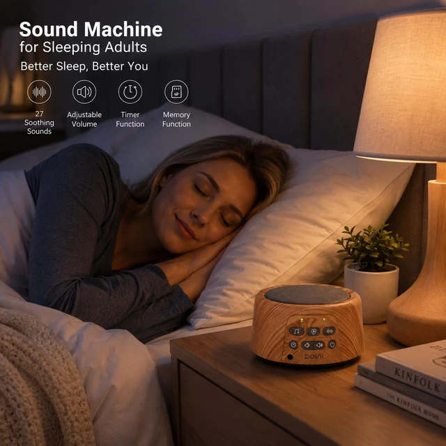 Alt view image 2 of 6 - White Noise Machine for Sleeping - 27 Non-Looping Soothing Sounds Sleep Sound Machine with Timer & Memory, 3.5mm Jack, Wood Grain Sound Machine for Hotel Bedroom Office