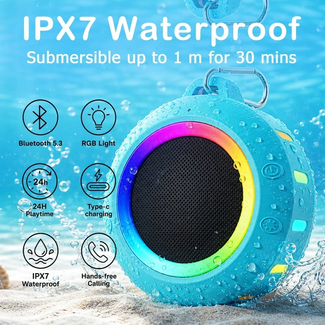Alt view image 2 of 7 - Waterproof Bluetooth Speaker, Portable Wireless Shower,Gifts for Men Women | IPX7 Floating Pool Speaker with Carabiner for Outdoor, Beach, Camping, Cool Gadgets Birthday Gifts for Kids Men