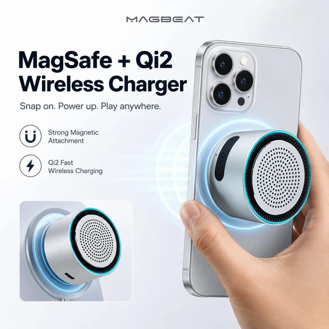 Alt view image 2 of 7 - MagBeat Bluetooth Speaker with Magnetic Wireless Charger (Titanium), Portable Stereo Sync TWS, Booming Bass, Up to 10H, IPX7 Waterproof, Gift for Men