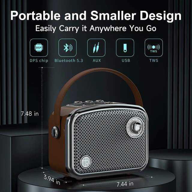Alt view image 3 of 7 - Bluetooth Speaker, 40W, Retro Decor, Small Gift for Women Man, Brown | Portable, Wireless, Bluetooth 5.3, TWS, Support USB/TF Card/AUX, Old Fashion style for Bedroom, Kitchen, Office, Desk