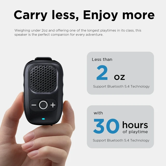 Alt view image 2 of 7 - Wearable Bluetooth Speakers, Clip On Wireless Jobsite Speaker | 30H Playtime, IPX6 Water-Resistant, Portable, Built-in Mic, Hands-Free Calls, Non-Magnet