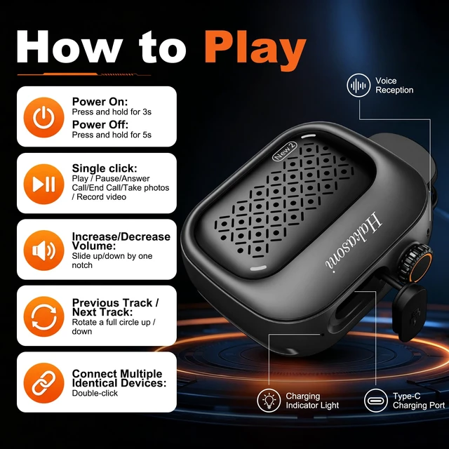 Alt view image 7 of 7 - Clip On Speaker, Wearable Portable Mini Speaker, Black | 3-way wearable speaker with wristband, clip and lanyard; 43.66g body, IP69K protection, 5W sound, mic and speaker linking.