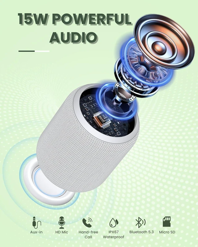 Alt view image 2 of 6 - Bluetooth Speakers, 15W Portable Speakers Bluetooth Wireless V5.0 with Stereo Sound, Active Extra Bass, IPX6 Waterproof Shower Speaker, Double Pairing, for Party, Home Theater, Game Theater