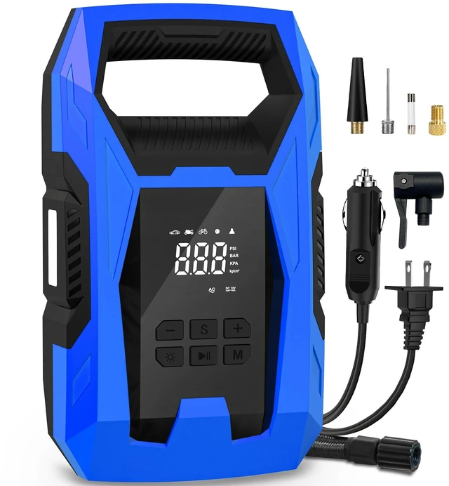 Main image of AC/DC Tire Inflator Portable Air Compressor, Dual Power for Home 110V AC and Car 12V DC Air Pump with Pressure Gauge, Auto Shutoff, Tire Pump for Car Motorcycle Bike and Other Inflatables, Blue