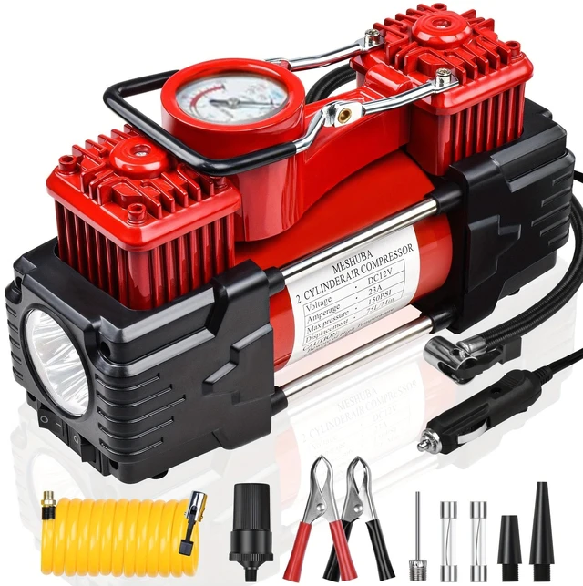 Main image of Tire Inflator Portable Air Compressor 12V DC Dual Cylinder Analog Gauge | Dual Cylinder 12V tire inflator with analog gauge, LED light and air compressor for cars, SUVs, trucks and emergencies