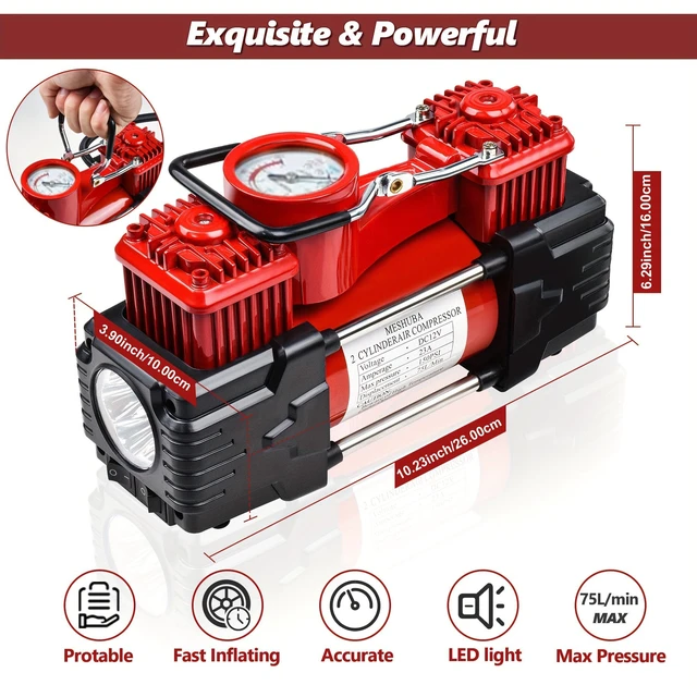 Alt view image 2 of 7 - Tire Inflator Portable Air Compressor 12V DC Dual Cylinder Analog Gauge | Dual Cylinder 12V tire inflator with analog gauge, LED light and air compressor for cars, SUVs, trucks and emergencies