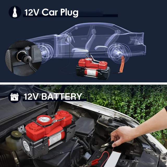 Alt view image 4 of 7 - Tire Inflator Portable Air Compressor 12V DC Dual Cylinder Analog Gauge | Dual Cylinder 12V tire inflator with analog gauge, LED light and air compressor for cars, SUVs, trucks and emergencies