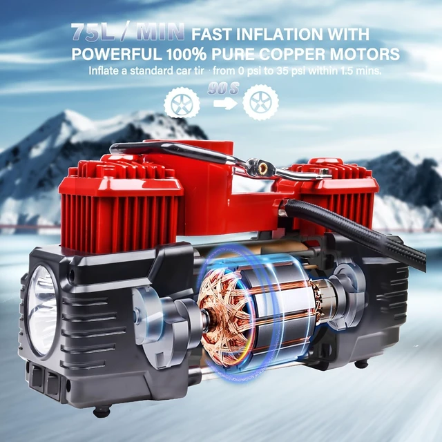 Alt view image 5 of 7 - Tire Inflator Portable Air Compressor 12V DC Dual Cylinder Analog Gauge | Dual Cylinder 12V tire inflator with analog gauge, LED light and air compressor for cars, SUVs, trucks and emergencies