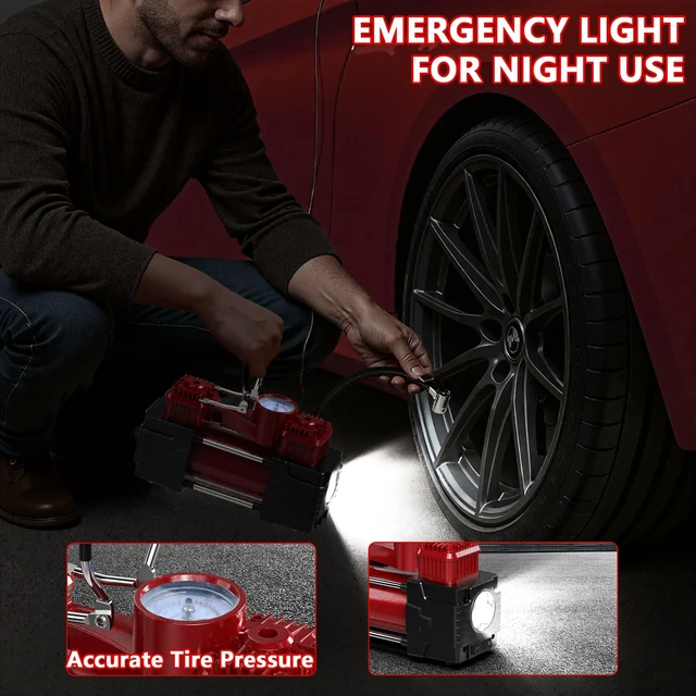 Alt view image 6 of 7 - Tire Inflator Portable Air Compressor 12V DC Dual Cylinder Analog Gauge | Dual Cylinder 12V tire inflator with analog gauge, LED light and air compressor for cars, SUVs, trucks and emergencies