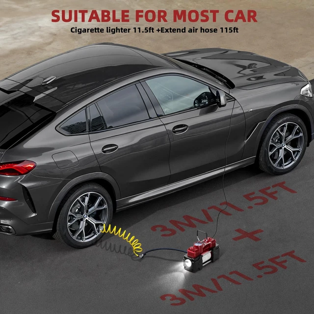Alt view image 7 of 7 - Tire Inflator Portable Air Compressor 12V DC Dual Cylinder Analog Gauge | Dual Cylinder 12V tire inflator with analog gauge, LED light and air compressor for cars, SUVs, trucks and emergencies