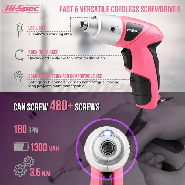 Alt view image 3 of 7 - 3.6V Cordless Electric Screwdriver and Tool Kit for DIY, Pink | 3.6V USB-C rechargeable, 180rpm, driver bits, hammer and pliers included, light duty repairs at home, dorm or apartment