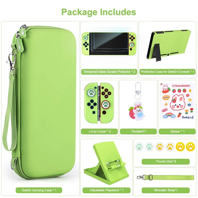 Alt view image 4 of 7 - Switch Accessories Bundle, 17 in 1 Green Switch Accessories Kit for Girls Include Switch Carrying Case, Adjustable Stand, Protective Case for Switch Console & J-Con