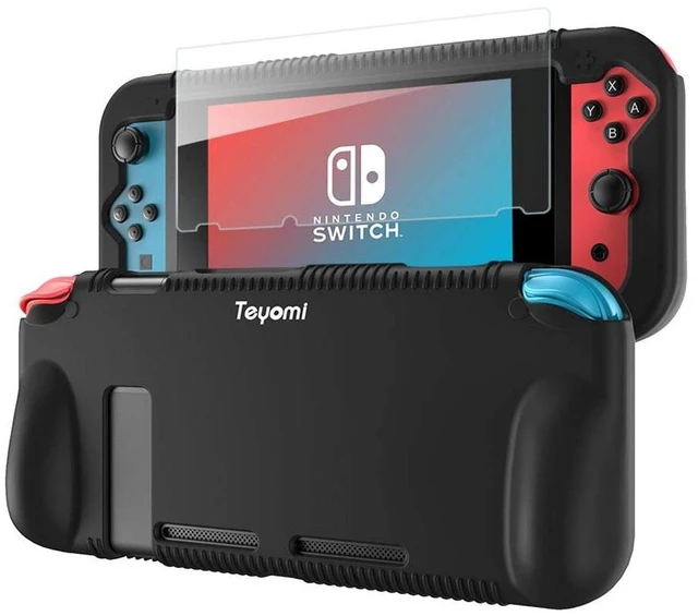 Main image of Protective Silicone Case for Nintendo Switch, Grip Cover with Tempered Glass Screen Protector, 2 Storage Slots for Game Cards, Shock-Absorption & Anti-Scratch (Black)