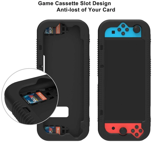 Alt view image 4 of 7 - Protective Silicone Case for Nintendo Switch, Grip Cover with Tempered Glass Screen Protector, 2 Storage Slots for Game Cards, Shock-Absorption & Anti-Scratch (Black)
