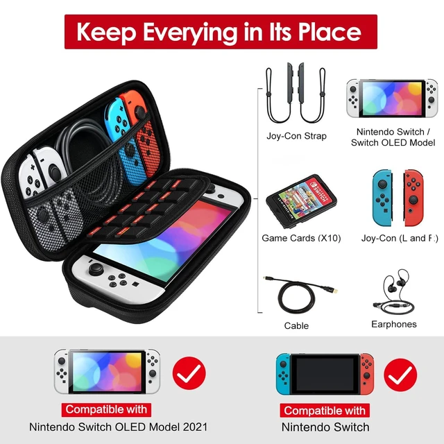 Alt view image 2 of 7 - Carrying Case for Nintendo Switch and NEW Switch OLED (2021) | Portable Hard Shell Pouch Carrying Travel Game Bag for Switch Accessories Holds 10 Game Cartridge (Black)