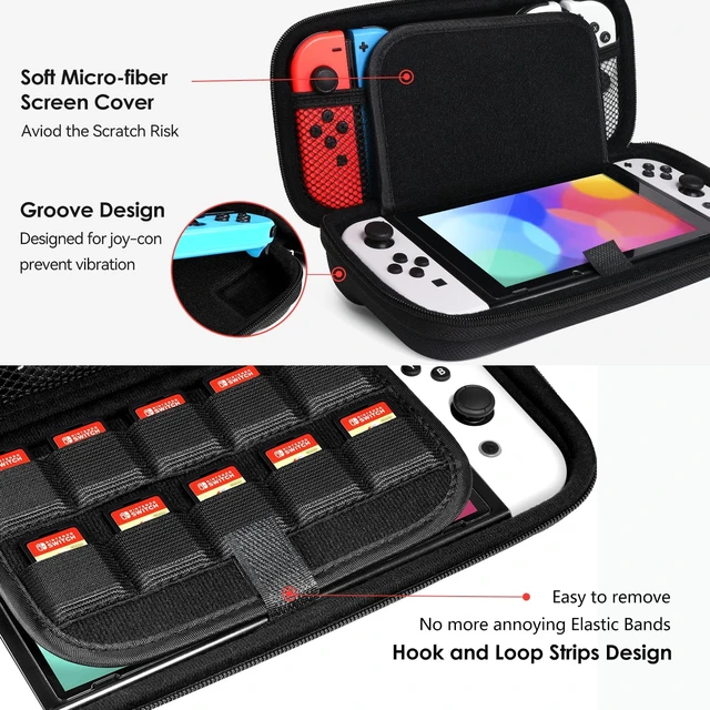 Alt view image 3 of 7 - Carrying Case for Nintendo Switch and NEW Switch OLED (2021) | Portable Hard Shell Pouch Carrying Travel Game Bag for Switch Accessories Holds 10 Game Cartridge (Black)