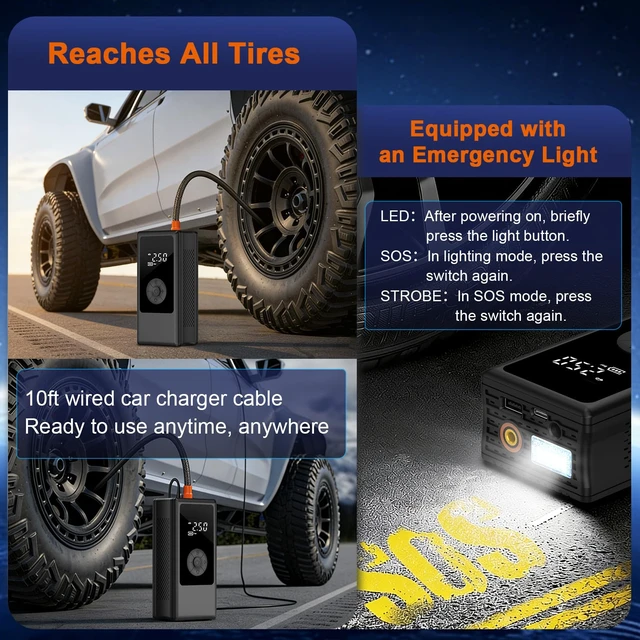 Alt view image 5 of 7 - Dual Power Portable Tire Inflator, 12V Car & Cordless Dual Power | Car Tire Pump with150PSI Air Pump & Power Bank, Tire Air Pump with Dual Display for Car, Motorcycle, Bike, Ball