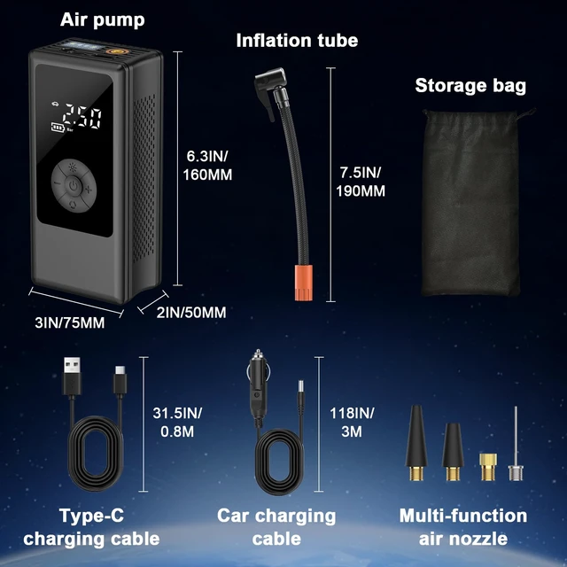 Alt view image 7 of 7 - Dual Power Portable Tire Inflator, 12V Car & Cordless Dual Power | Car Tire Pump with150PSI Air Pump & Power Bank, Tire Air Pump with Dual Display for Car, Motorcycle, Bike, Ball