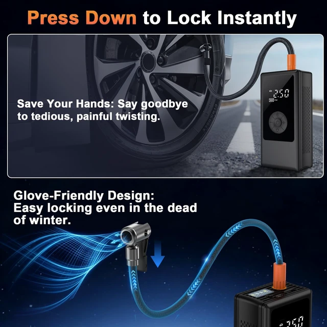 Alt view image 4 of 7 - Dual Power Portable Tire Inflator, 12V Car & Cordless Dual Power | Car Tire Pump with150PSI Air Pump & Power Bank, Tire Air Pump with Dual Display for Car, Motorcycle, Bike, Ball