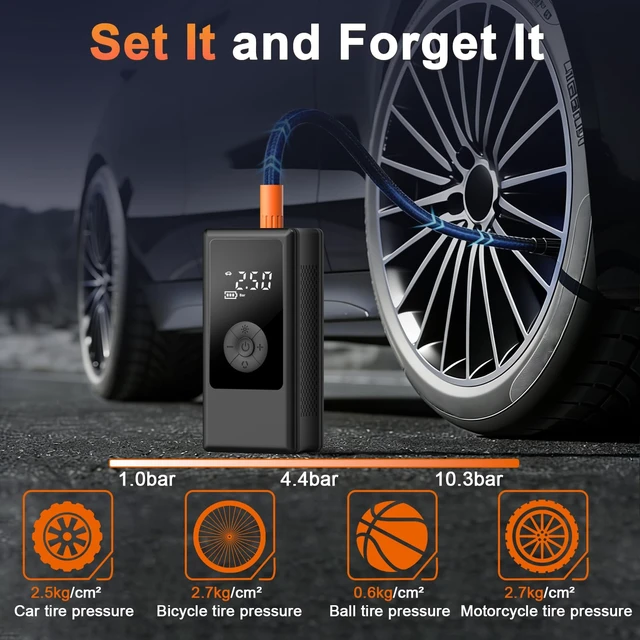 Alt view image 2 of 7 - Dual Power Portable Tire Inflator, 12V Car & Cordless Dual Power | Car Tire Pump with150PSI Air Pump & Power Bank, Tire Air Pump with Dual Display for Car, Motorcycle, Bike, Ball