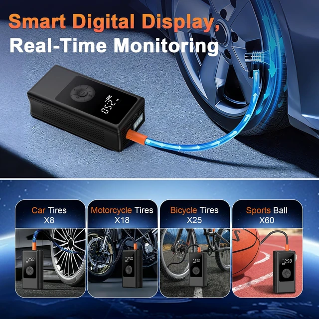 Alt view image 3 of 7 - Dual Power Portable Tire Inflator, 12V Car & Cordless Dual Power | Car Tire Pump with150PSI Air Pump & Power Bank, Tire Air Pump with Dual Display for Car, Motorcycle, Bike, Ball