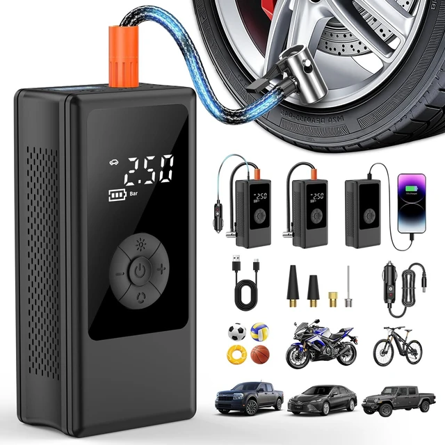 Main image of Dual Power Portable Tire Inflator, 12V Car & Cordless Dual Power | Car Tire Pump with150PSI Air Pump & Power Bank, Tire Air Pump with Dual Display for Car, Motorcycle, Bike, Ball
