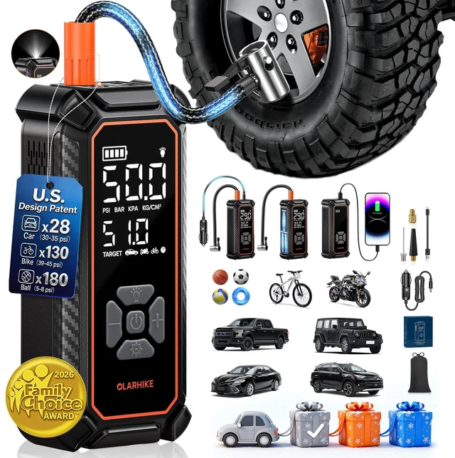 Main image of Tire Inflator Portable Air Compressor,Dual Power-3*3000mAh &12V DC | Ultra Fast Inflation, For Car Tires, SUVs, Pickup Trucks, Bikes, Cordless Electric Pump, LED Light & Digital Pressure Gauge