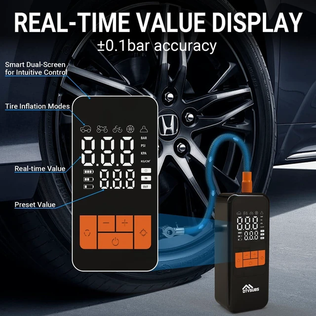 Alt view image 4 of 7 - Tire Inflator Portable Air Compressor, 150PSI Tire Air Pump for Cars, Bikes | 4000mAh Cordless Bike Pump with Digital Pressure Gauge, LED Lights & Auto Shut-off, 4x Faster Inflation Air Pump