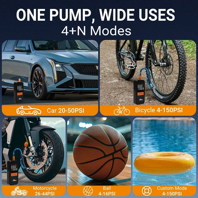 Alt view image 7 of 7 - Tire Inflator Portable Air Compressor, 150PSI Tire Air Pump for Cars, Bikes | 4000mAh Cordless Bike Pump with Digital Pressure Gauge, LED Lights & Auto Shut-off, 4x Faster Inflation Air Pump