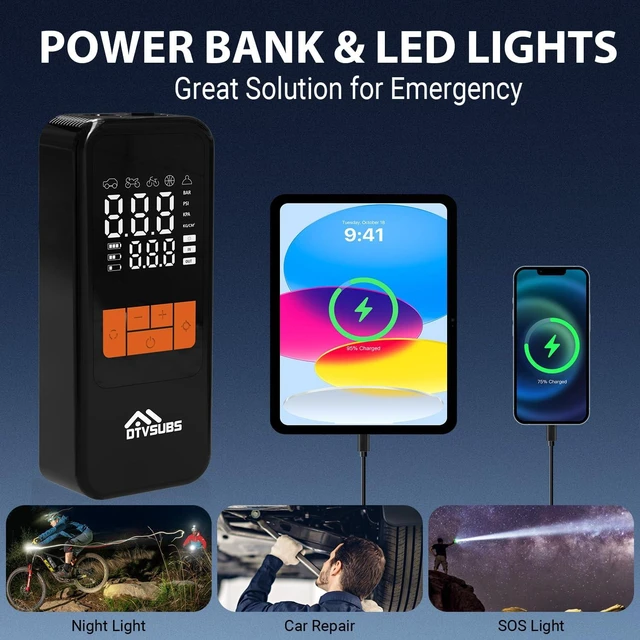 Alt view image 5 of 7 - Tire Inflator Portable Air Compressor, 150PSI Tire Air Pump for Cars, Bikes | 4000mAh Cordless Bike Pump with Digital Pressure Gauge, LED Lights & Auto Shut-off, 4x Faster Inflation Air Pump
