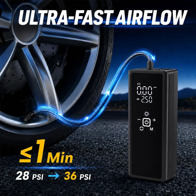 Alt view image 2 of 7 - Tire Inflator Portable Air Compressor, 120PSI Cordless Air Pump with Digital Gauge, LED Light & Window Breaker for Car, Bike, Balls & Inflatables
