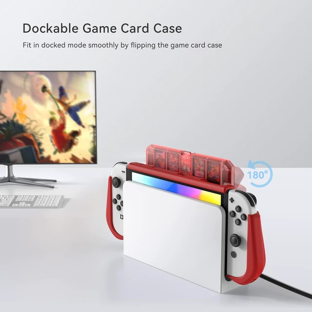 Alt view image 3 of 7 - Dockable Protective Case for Switch OLED, with Flip Game Storage | Ergonomic Grip Cover for Switch OLED 2021 (7.0"), Not for Switch 2 (2025 Release, 7.9"), Kickstand Compatible, Red