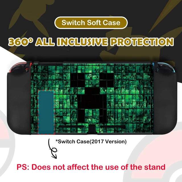 Alt view image 3 of 7 - My World MC Protective Case for Switch New Model, Dockable Soft Shell Cute Cover Case for Joycon Controller with 4PCS Thumb Grips Caps - Green Switch