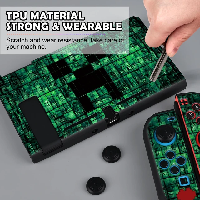 Alt view image 6 of 7 - My World MC Protective Case for Switch New Model, Dockable Soft Shell Cute Cover Case for Joycon Controller with 4PCS Thumb Grips Caps - Green Switch