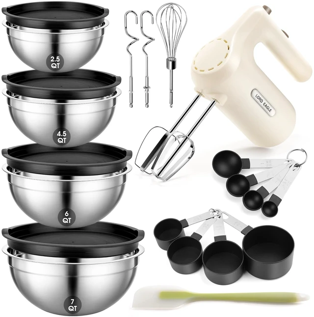 Main image of 5-Speed Hand Mixer Electric With 4 Mixing Bowls Set | 300W Lightweight Kitchen Handheld Mixer with Measuring Cups & Spoons, Stainless Steel Bowls, Baking Supplies for Cake, Cream